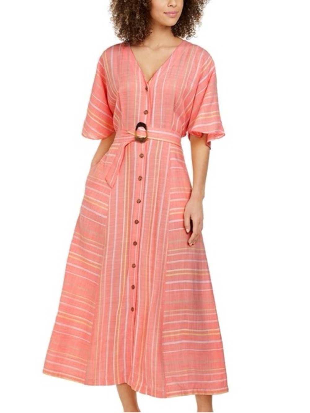 Calvin Klein Coral-Striped Button-Front Maxi Dress